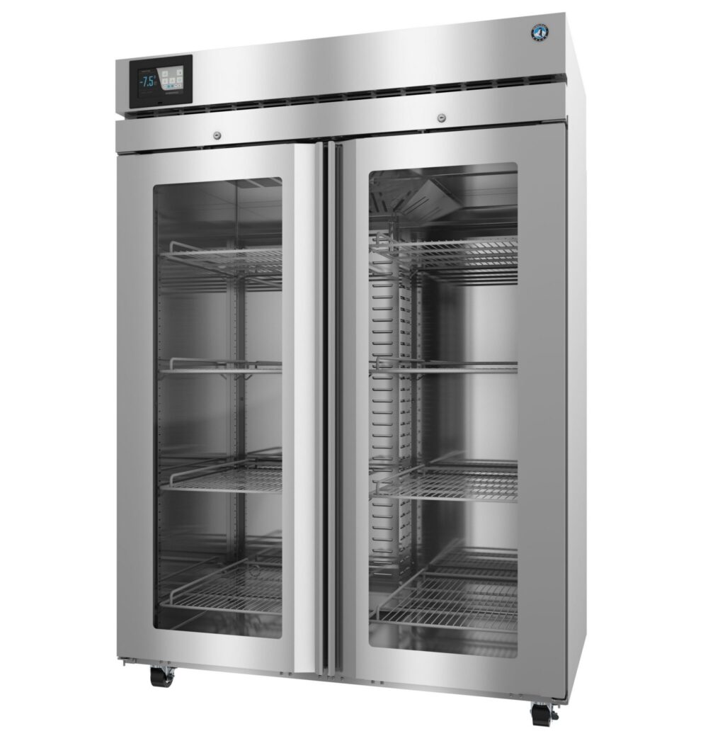 Stainless steel commercial refrigerator with two glass doors, digital display, and multiple adjustable interior shelves.