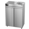 Stainless steel commercial refrigerator with double doors, digital display, and vented section on top, standing on small wheels.