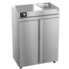 A commercial stainless steel double-door refrigerator with a digital display and top-mounted ventilation unit.