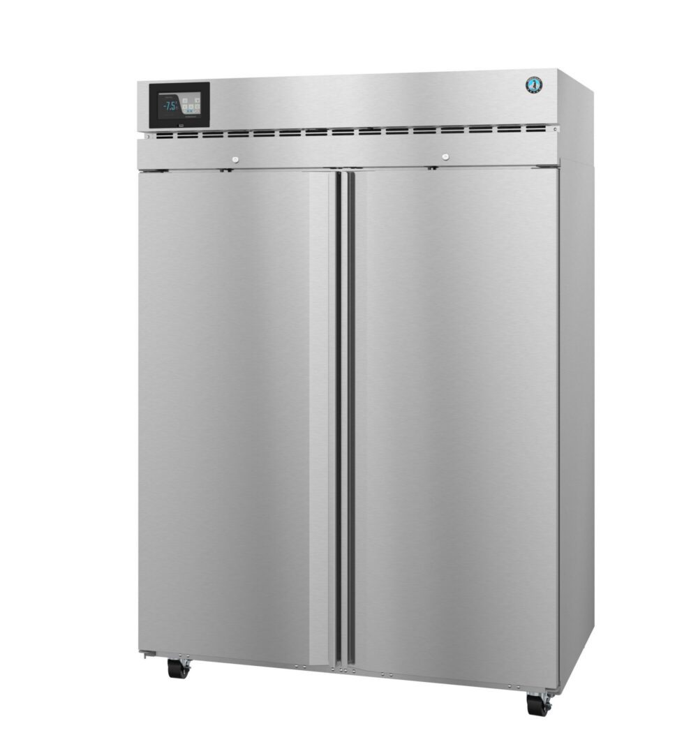 A commercial stainless steel double-door refrigerator with a digital display and ventilation at the top, standing on four wheels.
