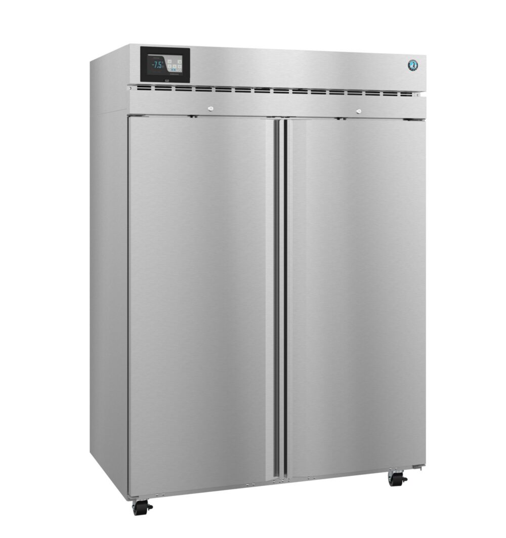 Stainless steel commercial double-door refrigerator with digital temperature display and ventilation panel, standing on four wheels.