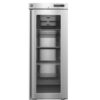 A commercial stainless steel refrigerator with a glass door and four wire shelves, shown empty and standing upright.