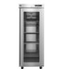 A commercial stainless steel refrigerator with a glass door and four wire shelves, shown empty and standing upright.