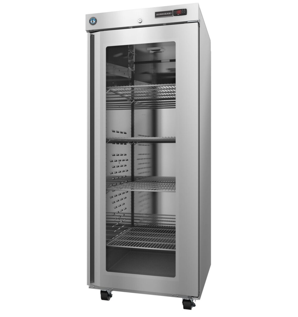 A commercial stainless steel refrigerator with a glass door, metal shelves, and caster wheels, shown standing upright and empty.