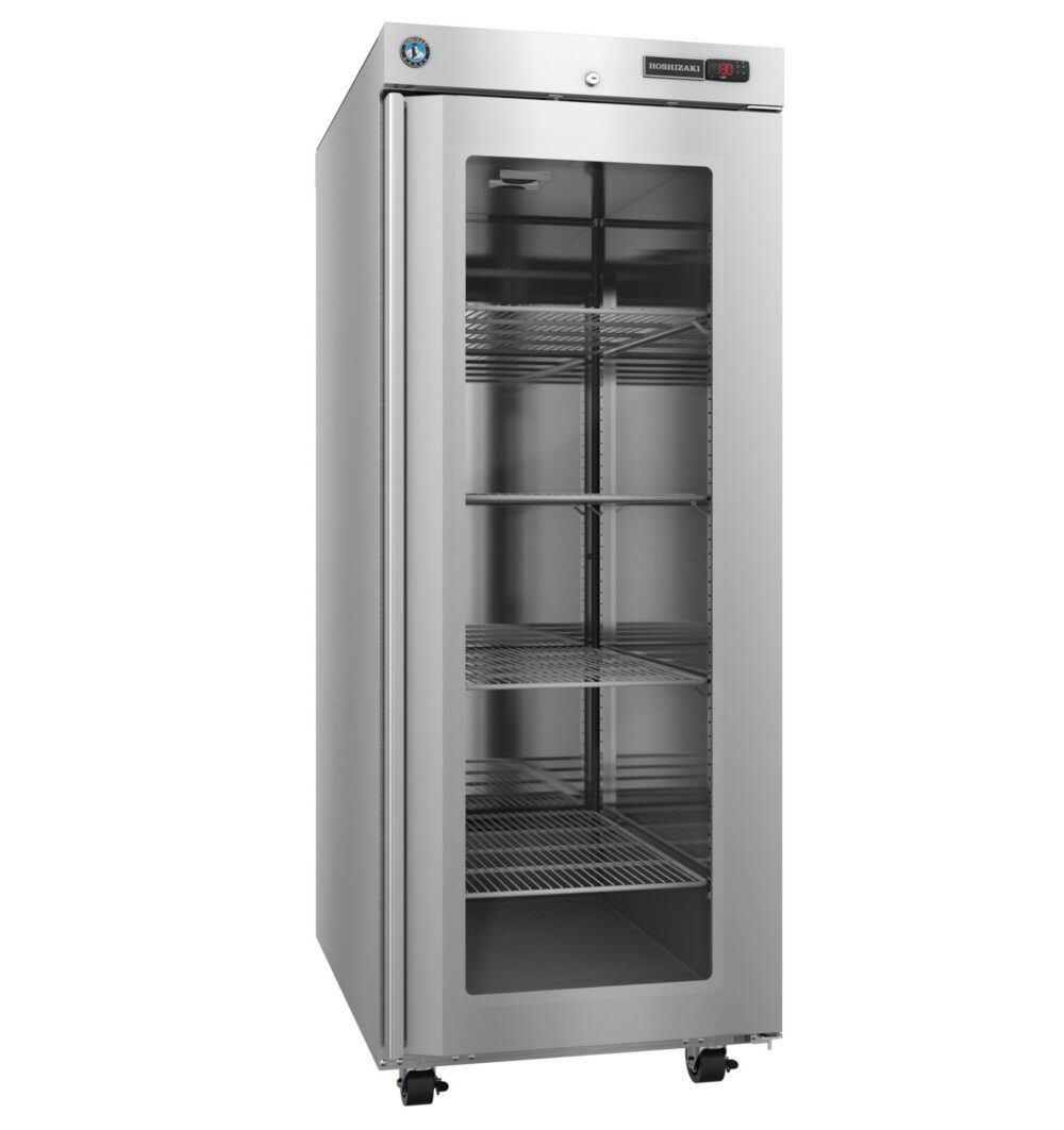 A stainless steel commercial refrigerator with a glass door, four wire shelves, and caster wheels, shown standing and empty.