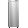 A single-door stainless steel upright commercial refrigerator with a digital display and lock, standing on wheels against a white background.