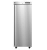 A single-door stainless steel upright commercial refrigerator with a digital display and lock, standing on wheels against a white background.