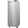 A tall, stainless steel commercial refrigerator with a single door, digital display, top-mounted lock, and caster wheels.