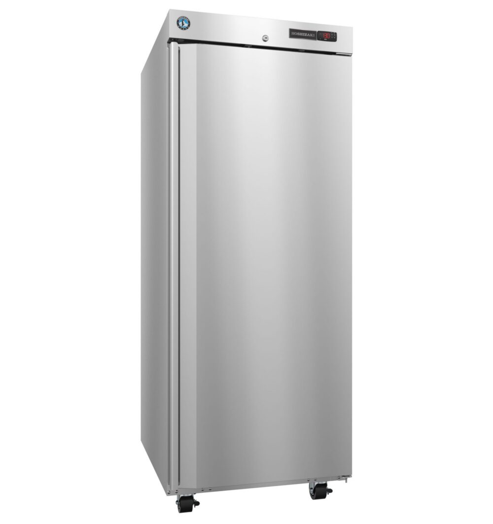 A tall, stainless steel commercial refrigerator with a digital display and casters for mobility.