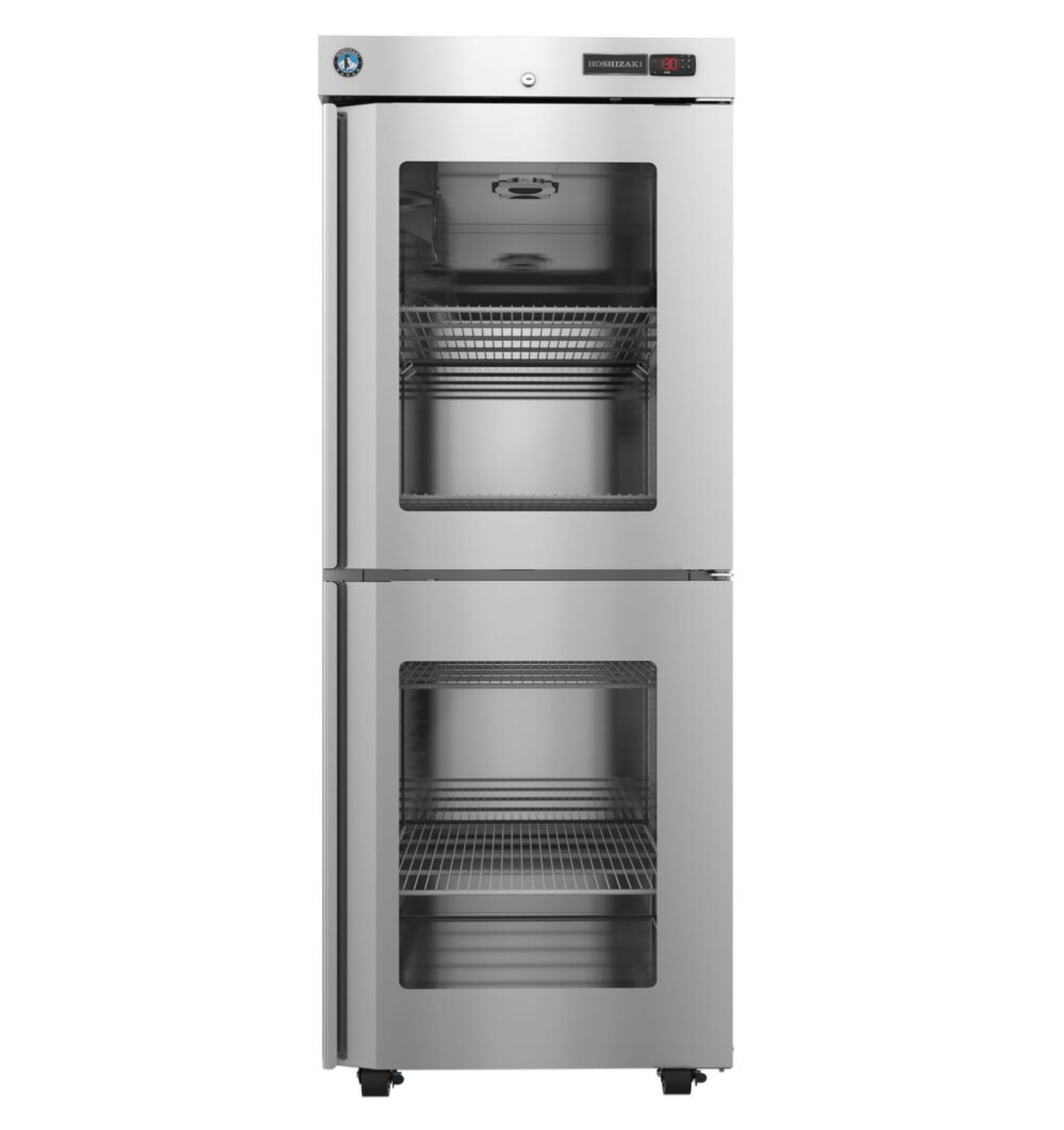 Stainless steel commercial refrigerator with two glass doors and wire shelves, viewed from the front.