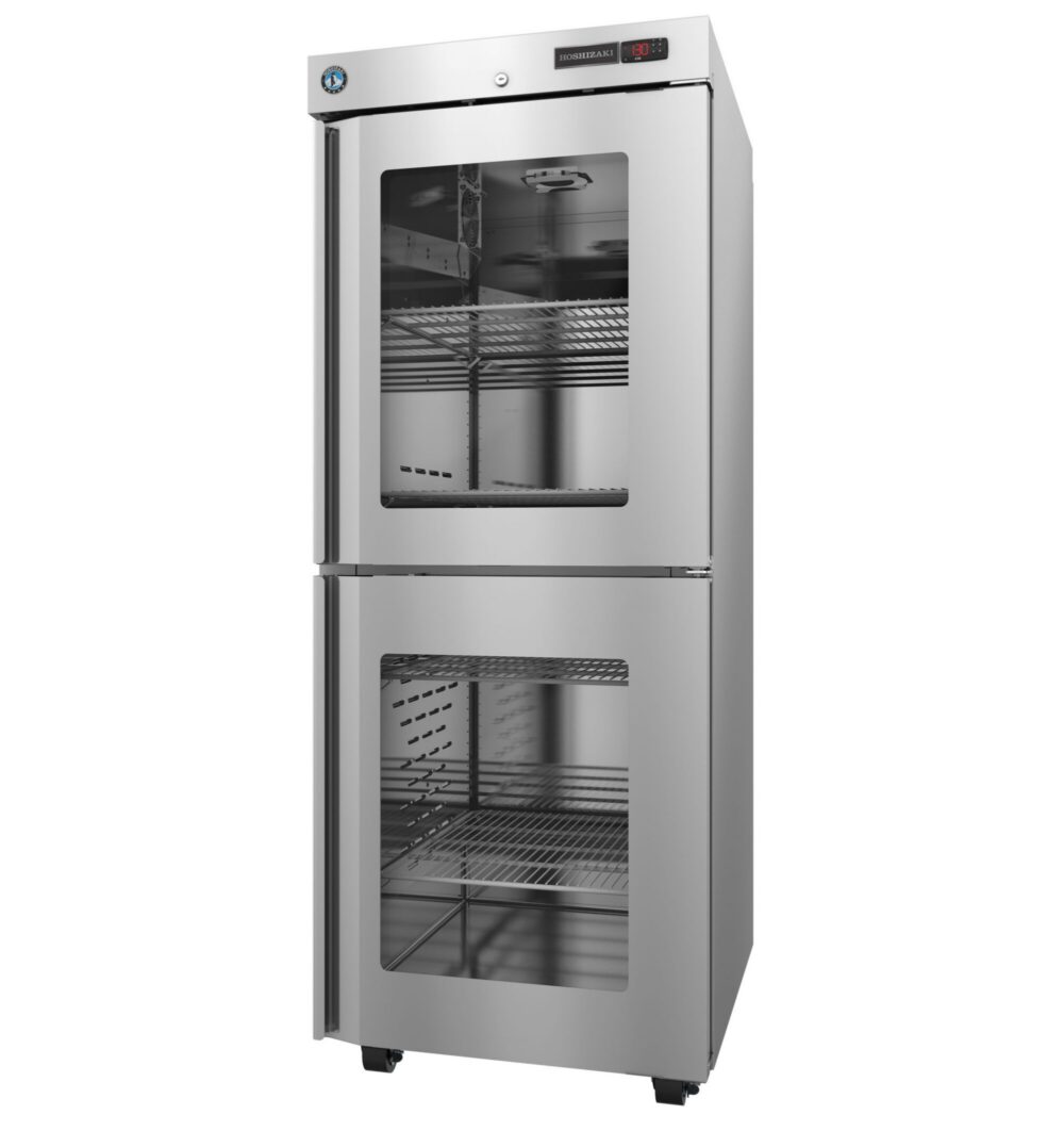 Stainless steel double-door commercial refrigerator with glass windows, wire shelves, and digital temperature display on the upper door.