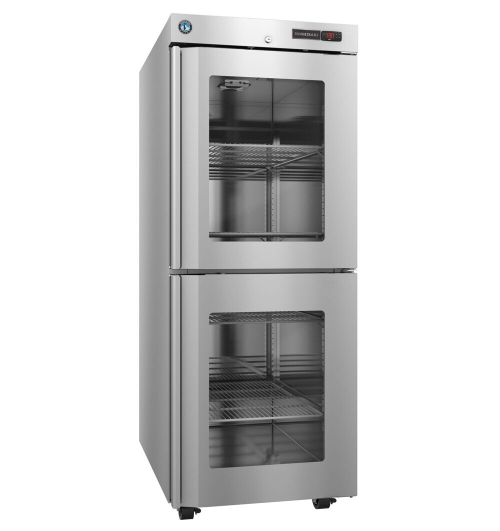 A stainless steel commercial refrigerator with double glass doors and multiple wire shelves, standing on small wheels.