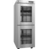 A stainless steel commercial refrigerator with double glass doors and multiple wire shelves, standing on small wheels.