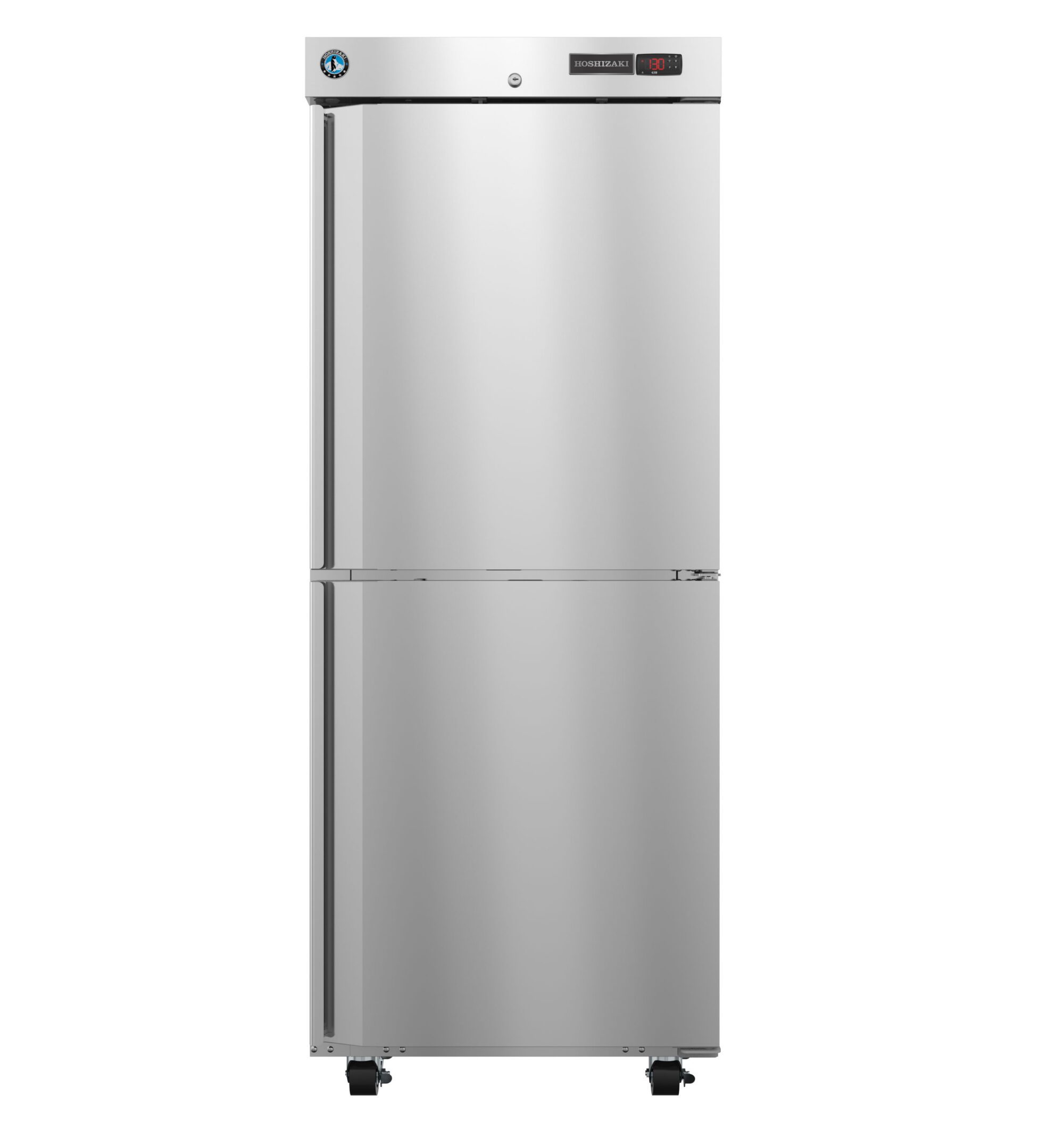A stainless steel, commercial upright refrigerator with two compartments and digital temperature display on the upper door, standing on caster wheels.
