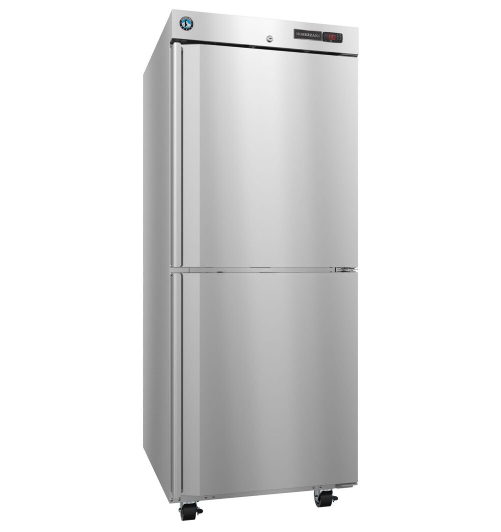 A stainless steel commercial refrigerator with two doors and caster wheels, set against a white background.