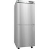 A stainless steel commercial refrigerator with two doors and caster wheels, set against a white background.