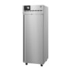 A tall, stainless steel commercial refrigerator with a single door, digital display, and casters for mobility.