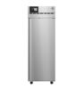 A tall, stainless steel, single-door upright freezer with a digital control panel on the upper left front.