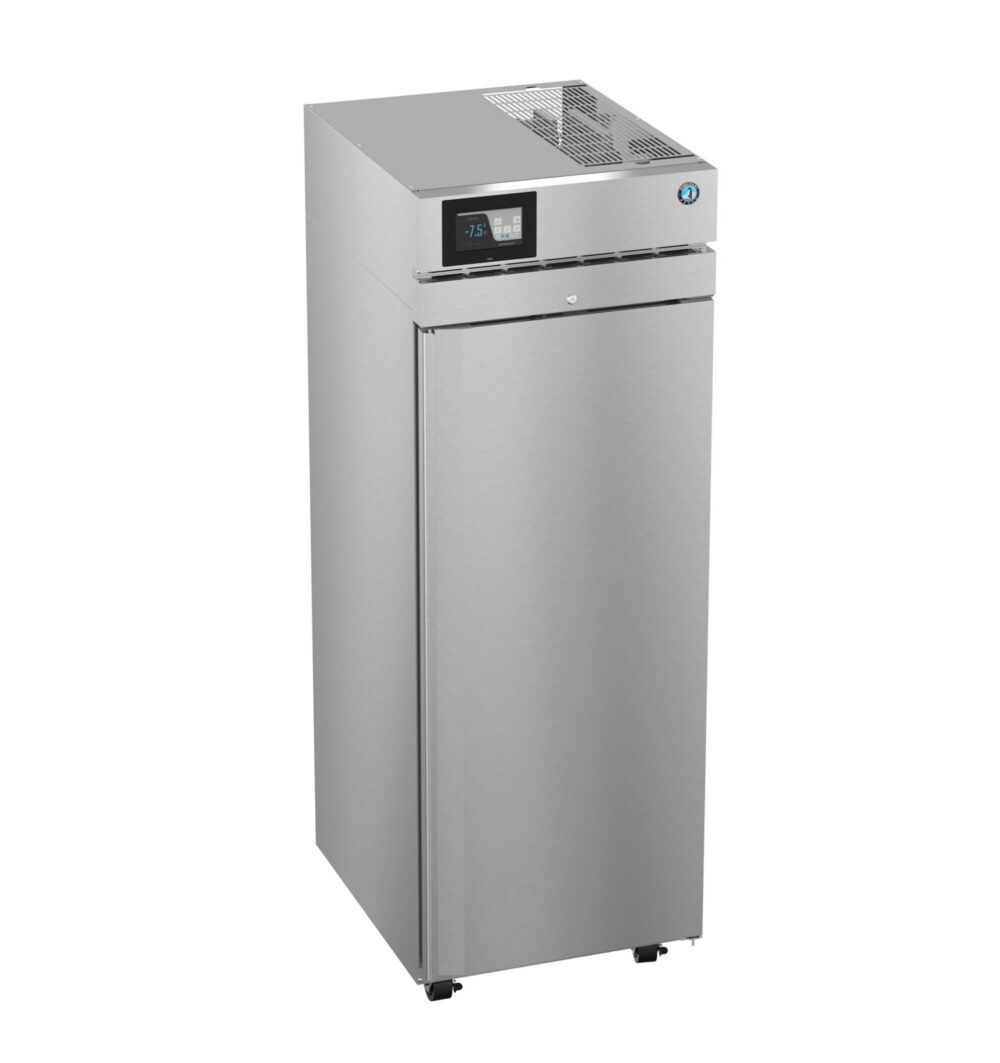 A stainless steel commercial refrigerator with a single door, digital display panel, and ventilation grates on the top.