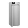 A tall, stainless steel commercial refrigerator with a digital display on the top front and a single door on wheels.