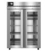 A stainless steel commercial refrigerator with double glass doors, digital temperature display, and multiple wire shelves inside.