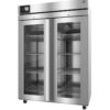 Stainless steel commercial refrigerator with double glass doors, digital temperature display, and multiple wire shelves.