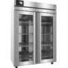 Commercial stainless steel double-door refrigerator with glass doors, digital temperature display, and multiple wire shelves visible inside.