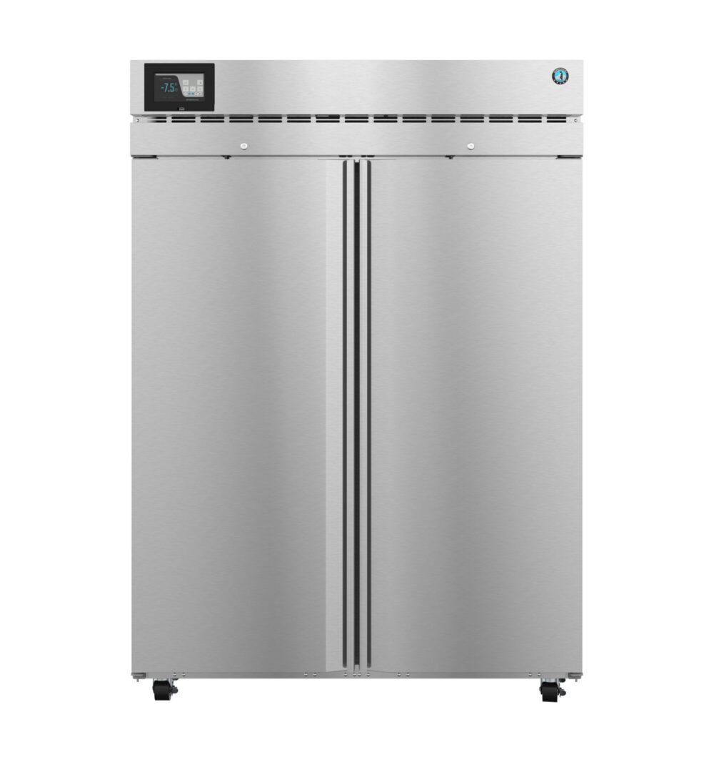 Stainless steel commercial double-door refrigerator with digital display and ventilation slots, viewed from the front.