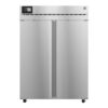 Stainless steel commercial double-door refrigerator with digital display and ventilation slots, viewed from the front.