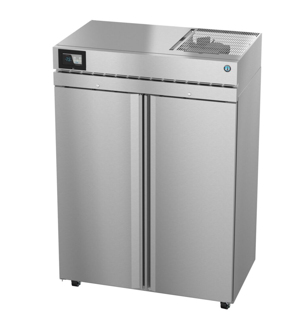 Stainless steel commercial refrigerator with double doors, digital display, and ventilation grill on top.
