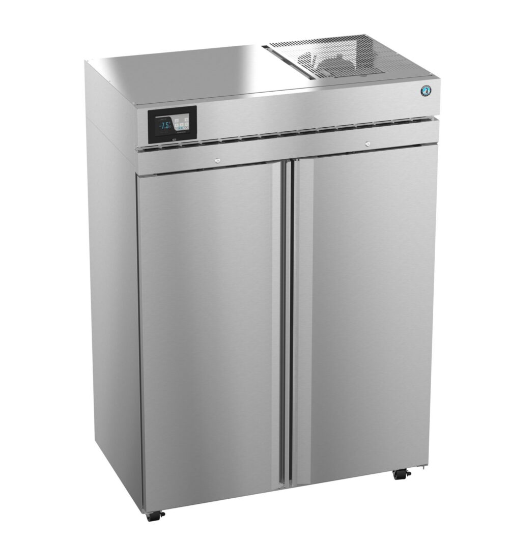 A stainless steel commercial refrigerator with two vertical doors, a digital temperature display, and ventilation on the top right side.