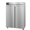 A stainless steel commercial double-door refrigerator with a digital temperature display on the top left corner.