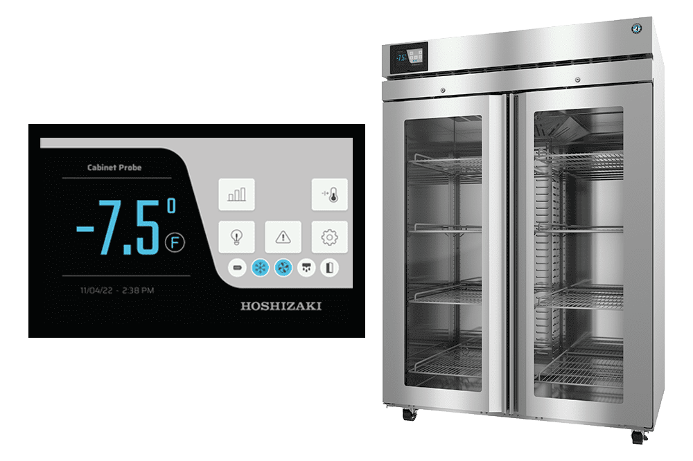 A commercial stainless steel refrigerator with a digital display showing an internal temperature of -7.5°F.