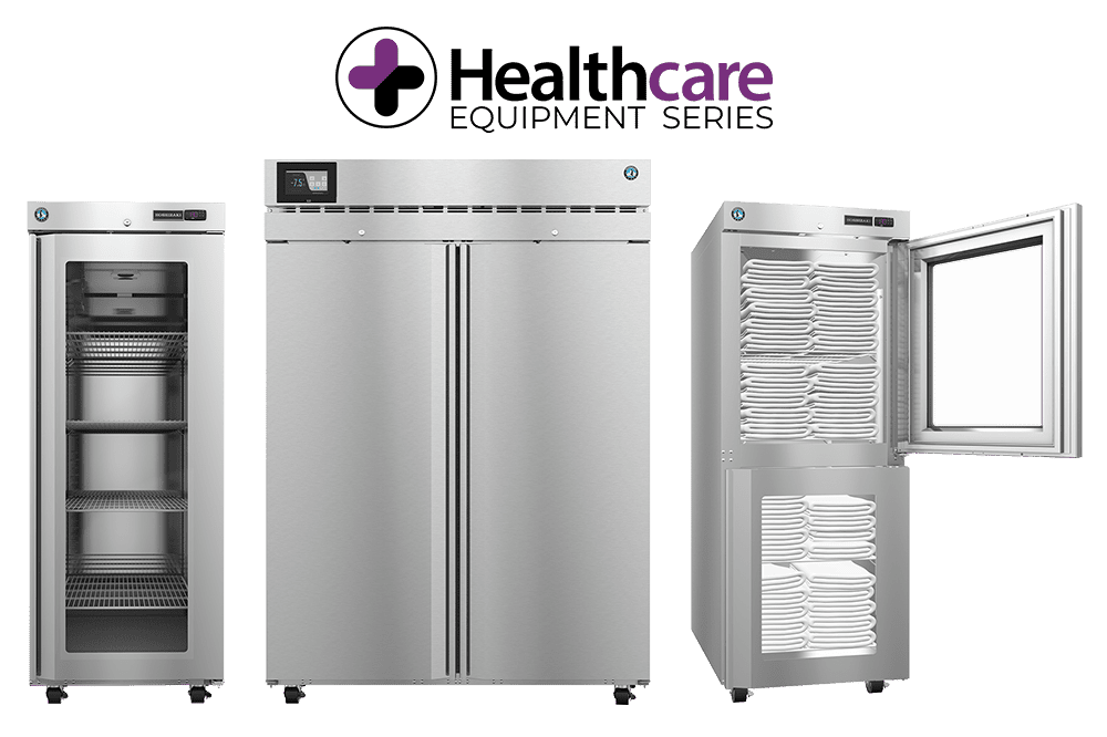 Three stainless steel medical refrigerators and freezers, one with an open door showing trays and shelves, under a "Healthcare Equipment Series" logo.