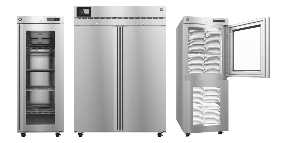 Three commercial stainless steel refrigerators with glass and solid doors, shown closed, open, and filled with trays on shelves, against a plain background.