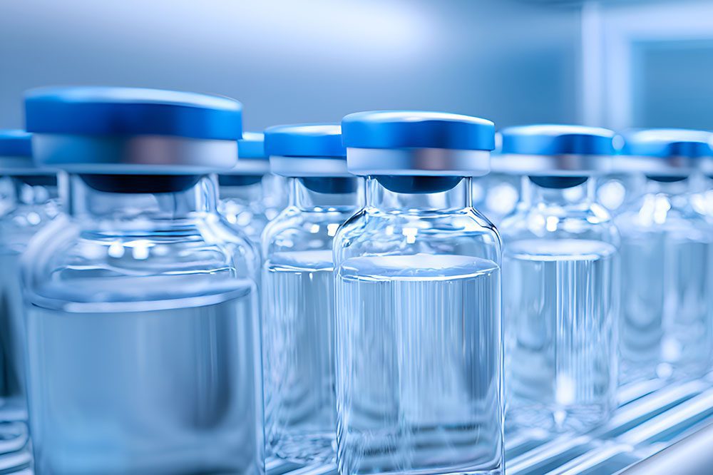 Several glass vials with blue caps filled with clear liquid are arranged in rows on a metal shelf in a laboratory or medical setting.