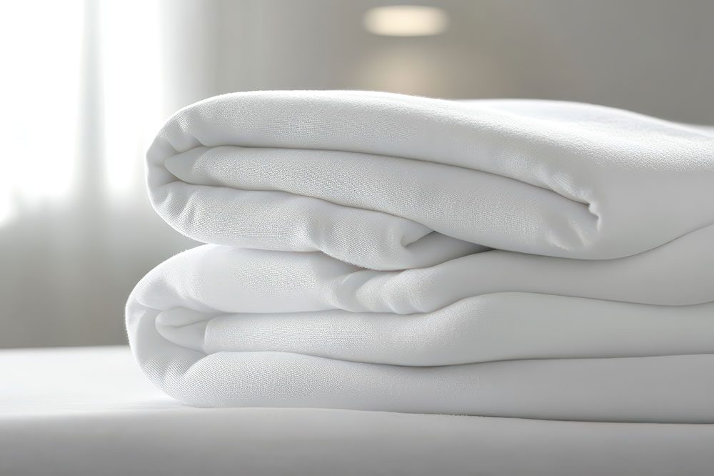 Two neatly folded white bed sheets stacked on a flat surface, with a soft, blurred background.