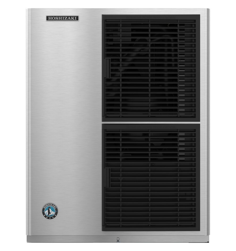 Front view of a Hoshizaki stainless steel commercial ice maker with two black vented panels and a logo on the lower left.