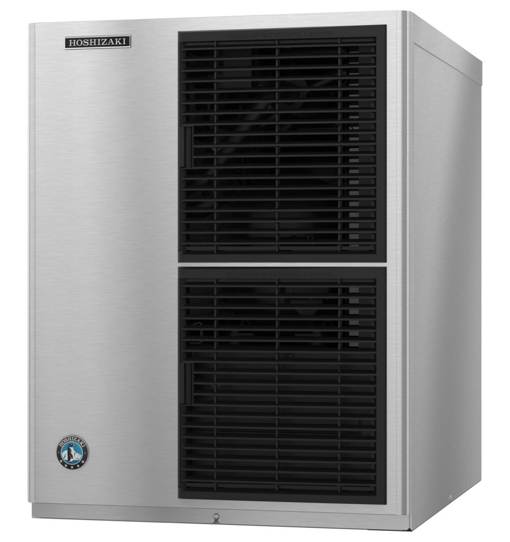 Stainless steel commercial ice machine with black ventilation grills and 