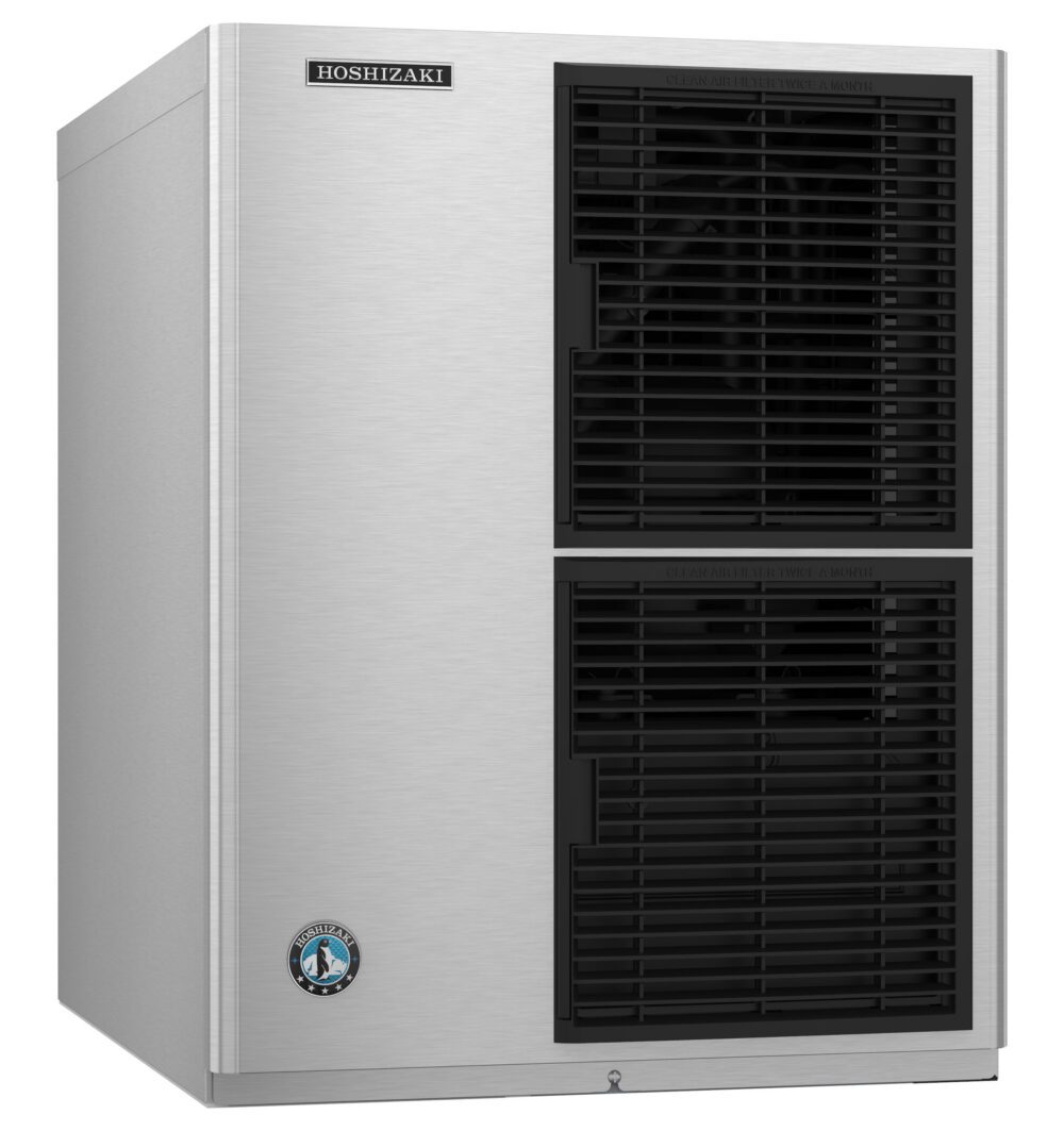 A stainless steel commercial Hoshizaki ice maker with two large front vents and a small logo in the bottom left corner.