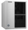 A stainless steel commercial Hoshizaki ice maker with two large front vents and a small logo in the bottom left corner.