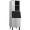 Commercial stainless steel ice maker with black front panel and elevated legs, designed for high-capacity ice production and storage.