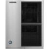 Front view of a Hoshizaki commercial ice machine with a stainless steel exterior and two black ventilation grilles.