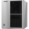 A stainless steel Hoshizaki commercial ice machine with black ventilation panels on the front.