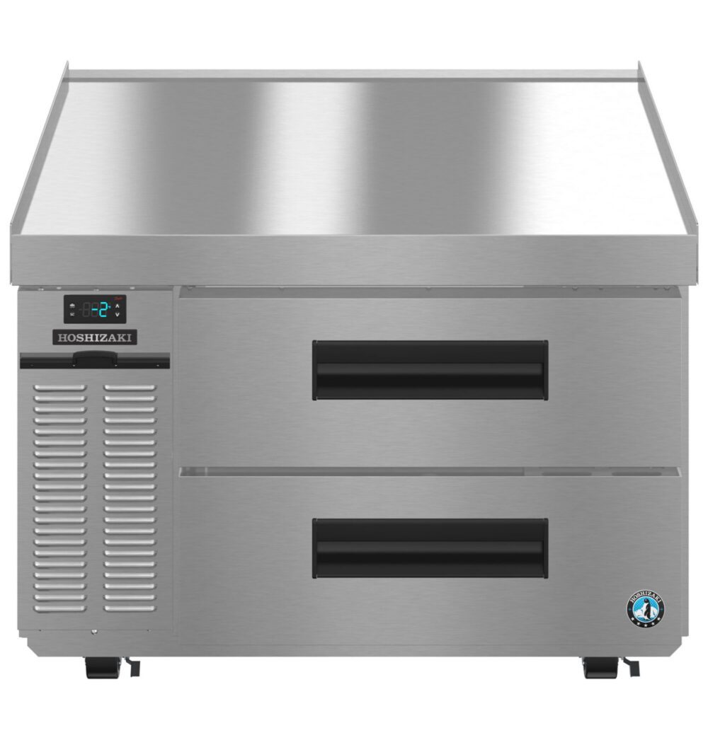 A stainless steel commercial refrigerator with two drawers, digital temperature display, and ventilation panel, branded Hoshizaki.