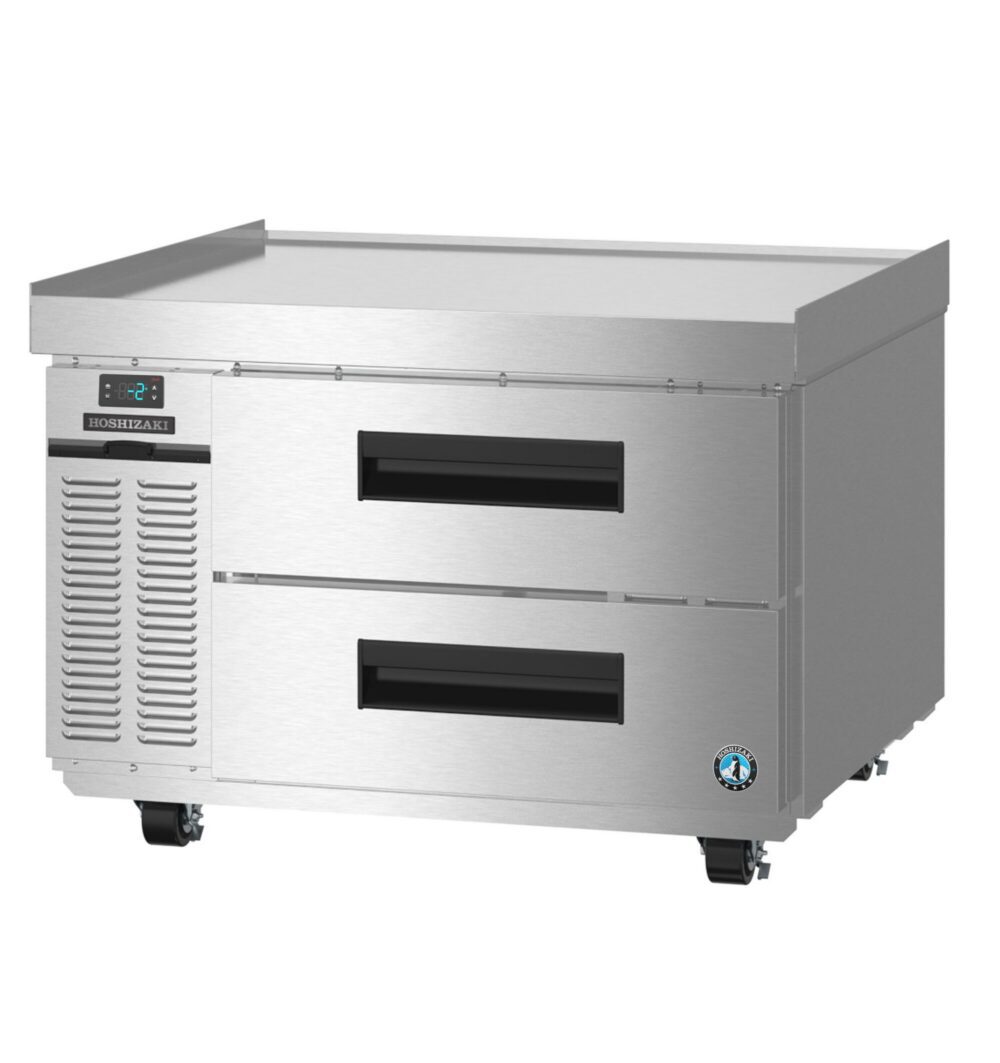 Stainless steel commercial refrigerator with two pull-out drawers, digital control panel, vented section, and casters for mobility.