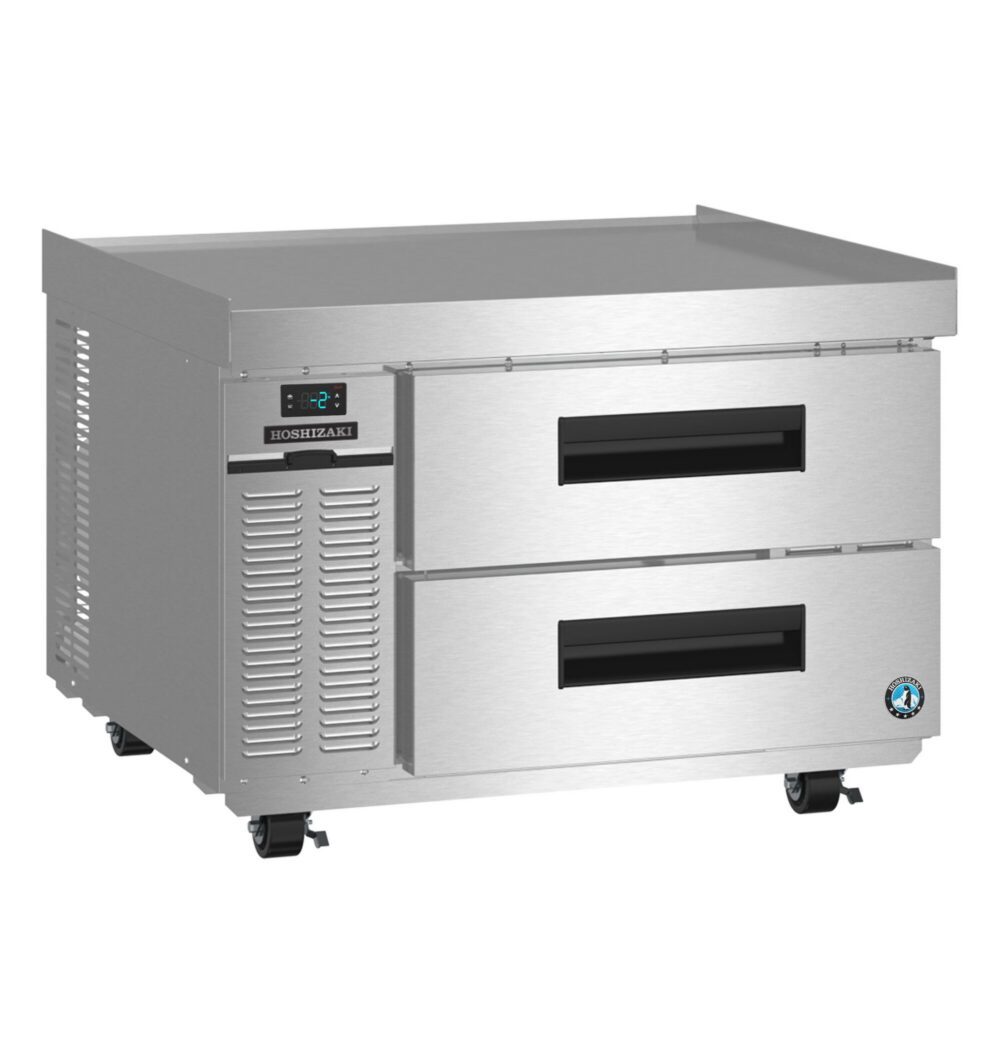 Stainless steel commercial refrigerator with two pull-out drawers, digital display, ventilation panel, and wheels for mobility.
