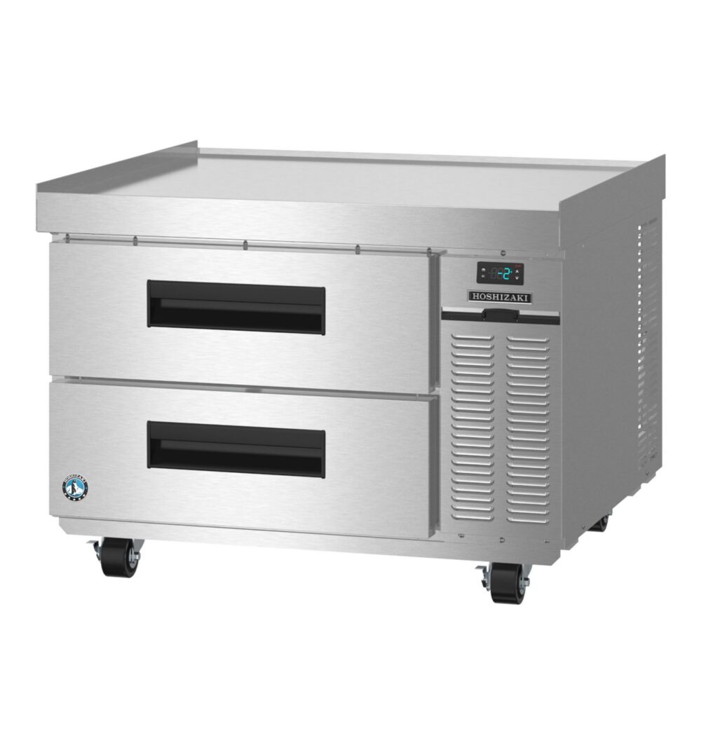 Stainless steel commercial refrigerator with two drawers, digital temperature display, ventilation panel, and wheels for mobility.
