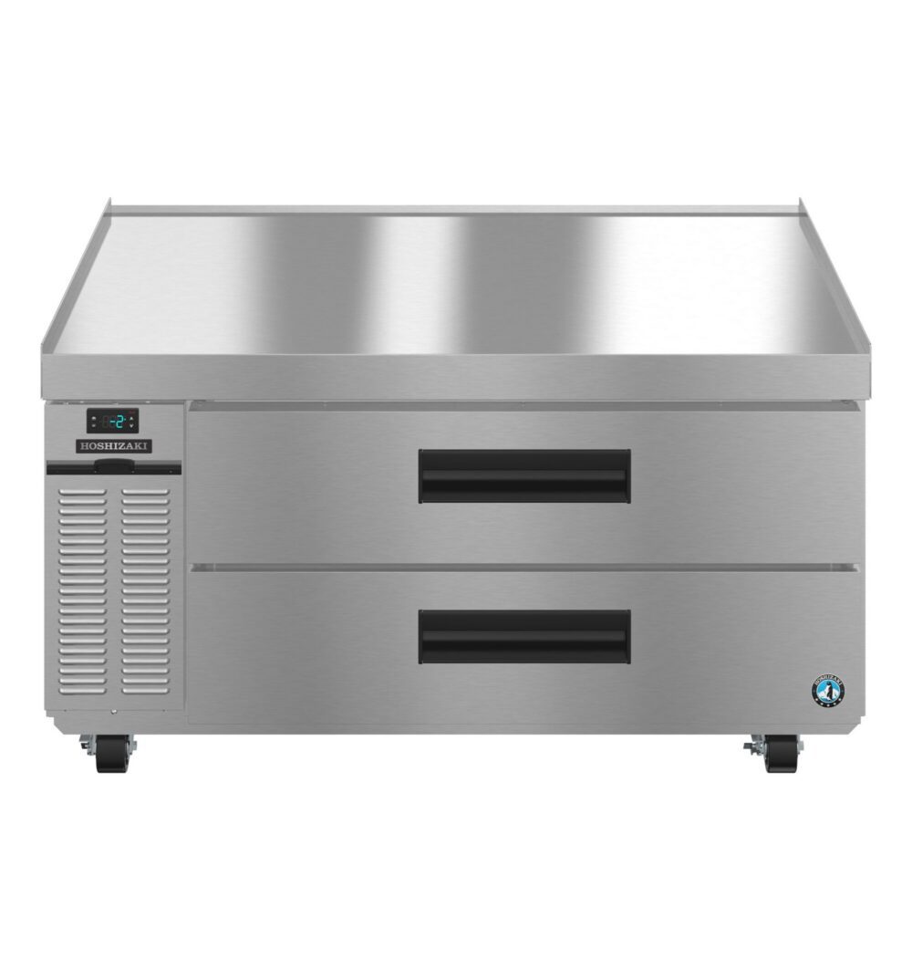 Stainless steel commercial refrigerator with two drawers, a digital temperature display, and wheels at the base.