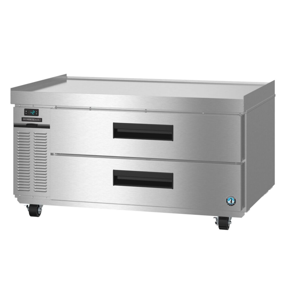 Stainless steel commercial refrigerator with two pull-out drawers, digital control panel, and wheels for mobility.